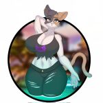  1:1 2022 anthro big_breasts blue_bottomwear blue_clothing blue_pants blurred_background bottomwear breaking_the_fourth_wall breasts calico_cat clothing curvy_figure digital_media_(artwork) domestic_cat ear_piercing elzorrogomita epic_games felid feline felis female fortnite hi_res lidded_eyes looking_at_viewer mammal meow_skulls_(fortnite) midriff mottled pants piebald piercing solo thick_thighs torn_clothing video_games water wet wet_clothing wide_hips 