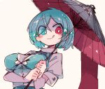  1girl aqua_vest blue_eyes blue_hair blush breasts closed_mouth heterochromia holding karakasa_obake large_breasts massakasama red_eyes shirt short_hair short_sleeves simple_background smile solo tatara_kogasa tongue tongue_out touhou umbrella upper_body white_background white_shirt 