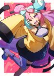  1girl ;d asymmetrical_legwear blue_footwear blue_hair blue_thighhighs boots highres iono_(pokemon) jacket kuroi_susumu looking_at_viewer multicolored_hair one_eye_closed pink_eyes pink_hair pokemon pokemon_(game) pokemon_sv sharp_teeth single_thighhigh sleeves_past_fingers sleeves_past_wrists smile solo teeth thigh_strap thighhighs two-tone_hair yellow_jacket 
