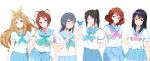  6+girls absurdres bangs bird black_hair blonde_hair blue_eyes blue_hair blue_neckerchief blue_sailor_collar blue_skirt bluebird blush brown_eyes brown_hair closed_mouth green_eyes hair_ribbon hibike!_euphonium highres kasaki_nozomi kitauji_high_school_uniform kousaka_reina liz_to_aoi_tori long_hair looking_at_viewer multiple_girls nakagawa_natsuki neckerchief nozo133 oumae_kumiko parted_lips pink_neckerchief pleated_skirt ponytail purple_eyes ribbon sailor_collar school_uniform serafuku shirt short_hair short_sleeves simple_background skirt smile uniform white_background white_shirt yellow_ribbon yoroizuka_mizore yoshikawa_yuuko 