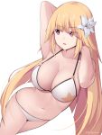  1girl bare_arms bare_legs bare_shoulders befu bikini blonde_hair breasts brooklyn_(kancolle) cleavage collarbone flower hair_flower hair_ornament highres kantai_collection large_breasts long_hair navel open_mouth red_eyes simple_background solo swimsuit twitter_username white_background white_bikini white_flower 