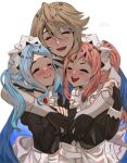  1boy 2girls armor bangs blue_cape blue_hair blush bridal_gauntlets cape corrin_(fire_emblem) corrin_(fire_emblem)_(male) cut_bangs felicia_(fire_emblem) fire_emblem fire_emblem_fates flora_(fire_emblem) grey_hair group_hug highres hug light_brown_hair long_hair maid maid_headdress mariirasuto7 multiple_girls open_mouth parted_bangs ponytail short_hair short_twintails siblings sisters smile twins twintails 