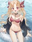  1girl bikini black_choker black_jacket blonde_hair blush breasts buoy chibirisu choker cleavage ereshkigal_(fate) fate/grand_order fate_(series) hair_ornament highres jacket long_hair looking_at_viewer open_clothes open_jacket open_mouth partially_submerged red_bikini red_eyes smile solo swimsuit twintails water 