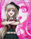  1girl :d absurdres artist_name bangs belt black_bow blonde_hair bow bowtie braid breasts crossed_arms danganronpa_(series) danganronpa_2:_goodbye_despair dress green_dress grey_belt hair_bow highres large_breasts long_hair puffy_short_sleeves puffy_sleeves red_bow red_bowtie short_sleeves smile solo sonia_nevermind teeth upper_teeth wibboo zoom_layer 