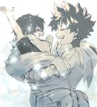  2boys aged_down arm_up blurry bodysuit boku_no_hero_academia cape carrying check_spoilers child child_carry clenched_hand closed_eyes facing_another film_grain freckles from_side glowing happy highres hug male_child midoriya_izuku mole mole_under_mouth mon_hrak multiple_boys open_hand profile shigaraki_tomura short_hair short_sleeves smile teeth twitter_username upper_body upper_teeth watermark 