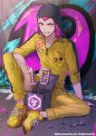  1boy airm arm_support bangs black_headwear bodysuit box braid collarbone danganronpa_(series) danganronpa_2:_goodbye_despair full_body grin highres long_sleeves male_focus medium_hair orange_bodysuit pink_hair sharp_teeth sitting smile solo souda_kazuichi teeth yellow_footwear 