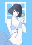  1girl akashi_(yojouhan) ban!_(bansankan) bikini black_eyes black_hair bob_cut bracelet breasts colored_skin drink front-tie_bikini_top front-tie_top jewelry medium_breasts mole mole_under_eye sarong short_hair solo swimsuit white_skin yojouhan_shinwa_taikei 