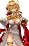  absurdres ahoge alcohol alternate_costume blonde_hair breasts cape chalice cleavage crystal detached_sleeves dress drink fate/grand_order fate_(series) flower flower_in_mouth gem gold gold_bracelet gold_trim green_eyes hair_intakes hair_ribbon hand_on_hip highres large_breasts legband looking_at_viewer miyayosh nero_claudius_(fate) nero_claudius_(fate/extra) nero_claudius_(formal_dress)_(fate) official_alternate_costume pouring puffy_sleeves red_cape red_flower red_rose ribbon roman_clothes rose simple_background sleeveless sleeveless_dress solo white_dress wine 