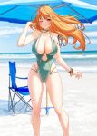  1girl alternate_costume arm_up ass_visible_through_thighs beach beach_chair beach_umbrella bracelet breasts brown_eyes choker closed_mouth commentary covered_navel day floating_hair green_choker green_one-piece_swimsuit highres jewelry large_breasts log_pose long_hair looking_at_viewer mixed-language_commentary nami_(one_piece) ocean one-piece_swimsuit one_eye_closed one_piece orange_hair outdoors paid_reward_available revision sand shoulder_tattoo skindentation smile solar_(happymonk) solo standing straight-on swimsuit tattoo thighs umbrella wavy_hair 