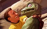  animal_humanoid duo fangs gorn_(species) hi_res human humanoid james_t._kirk jeff_delgado male mammal open_mouth outside reptile reptile_humanoid rock scalie scalie_humanoid star_trek star_trek_the_original_series starfleet_uniform teeth 