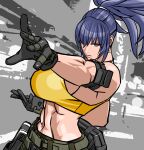 1girl abs armlet belt blue_eyes blue_hair breasts earrings gloves highres jewelry leona_heidern muscular muscular_female ponytail pouch shunobon sleeveless solo tank_top the_king_of_fighters the_king_of_fighters_xv yellow_tank_top 