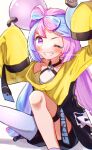  1girl aqua_hair bangs black_shorts blue_hair blurry blush bow-shaped_hair character_hair_ornament chitozen_(pri_zen) commentary_request grin hair_ornament hands_up highres iono_(pokemon) jacket long_hair looking_at_viewer multicolored_hair one_eye_closed pokemon pokemon_(game) pokemon_sv purple_eyes purple_hair sharp_teeth shirt shorts single_leg_pantyhose sleeveless sleeveless_shirt sleeves_past_fingers sleeves_past_wrists smile solo symbol_in_eye teeth thigh_strap twitter_username very_long_hair watermark white_shirt yellow_jacket 