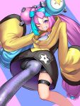  aqua_hair bow-shaped_hair character_hair_ornament hair_ornament highres iono_(pokemon) jacket kiyama_eno oversized_clothes pokemon pokemon_(game) pokemon_sv sharp_teeth shirt single_leg_pantyhose sleeveless sleeveless_shirt sleeves_past_fingers sleeves_past_wrists star_(symbol) star_in_eye symbol_in_eye teeth thigh_strap yellow_jacket 