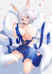  1girl :d animal_ears azur_lane bare_legs bare_shoulders blue_dress blue_eyes blush breasts clothes_pull covered_nipples dress dress_pull fox_ears fox_girl fox_tail full_body grin groin hand_on_own_chest hands_up head_tilt kaga_(azur_lane) kaga_(exalted_white_wings)_(azur_lane) kitsune kneeling large_breasts legs_apart lukas_reule medium_breasts medium_hair multiple_tails no_bra one_breast_out parted_lips petals pulled_by_self smile solo spread_legs strap_pull tail teasing undressing upskirt white_hair 