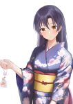  1girl :o absurdres b1ack_illust bag bagged_fish blue_hair blush breasts dark_blue_hair fish floral_print goldfish highres idolmaster idolmaster_(classic) idolmaster_million_live! japanese_clothes kimono kisaragi_chihaya long_hair looking_at_viewer obi print_kimono sash simple_background small_breasts solo straight_hair very_long_hair white_background wide_sleeves yukata 