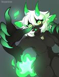  absurd_res anthro blood bodily_fluids breasts claws dark_body dark_fur featureless_breasts featureless_crotch female fire flaming_tail fur green_eyes green_mouth hair hi_res horn looking_at_viewer solo spots texera_(giantburger) veena vesperinox white_hair 