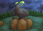  2022 avian beak bird bird_legs broom brown_body brown_fur cleaning_tool clothing corn cornfield digital_media_(artwork) feral food fruit fur grass hat headgear headwear hefty_fine kiwi_(bird) magic_user male night plant pumpkin ratite shaded sky solo standing star tree witch witch_hat 