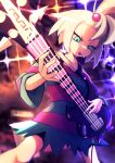  1girl bass_guitar blurry cable collarbone commentary_request dress freckles green_eyes hair_bobbles hair_ornament highres holding holding_instrument instrument mouth_hold plectrum pokemon pokemon_(game) pokemon_bw2 roxie_(pokemon) short_hair solo striped striped_dress topknot two-tone_dress white_hair yottur 