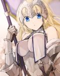  1girl armor armored_dress bangs blonde_hair blue_eyes chain collar fate/apocrypha fate/grand_order fate_(series) gauntlets headpiece holding jeanne_d&#039;arc_(fate) jeanne_d&#039;arc_(ruler)_(fate) kino_kokko long_hair looking_at_viewer metal_collar plackart pole solo 