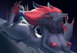  anthro big_breasts black_body black_fur blue_eyes breasts butt claws convex-silicone female fur generation_5_pokemon hair looking_at_viewer lying nintendo nipples pokemon pokemon_(species) red_hair sharp_claws solo video_games zoroark 