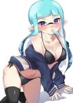  1girl arm_support bangs bikini black_bikini black_thighhighs blue_hair blue_jacket blunt_bangs blush breasts cleavage commentary food_on_body food_on_breasts halterneck highres inkling inkling_girl jacket kneeling leaning_to_the_side long_hair long_sleeves looking_at_viewer medium_breasts mouth_hold navel no_pants off_shoulder open_clothes open_jacket penguin_maru_(penginmaru) pointy_ears popsicle_in_mouth purple_eyes shadow side-tie_bikini_bottom simple_background solo splatoon_(series) swimsuit tentacle_hair thighhighs track_jacket twintails white_background 