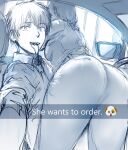  1boy 1girl ass ass_focus braid braided_ponytail car_interior chainsaw_man denji_(chainsaw_man) drive-thru english_text formal he_wants_to_order_(meme) hews highres huge_ass looking_at_viewer lying_on_person makima_(chainsaw_man) meme office_lady selfie sharp_teeth shirt short_hair sketch snapchat steering_wheel suit teeth 