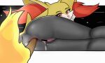  anal anal_penetration anthro black_body bodily_fluids braixen butt censored female generation_6_pokemon genital_fluids genitals hi_res looking_at_viewer nintendo object_in_ass penetration pokemon pokemon_(species) pussy pussy_juice red_eyes sh1vss solo stick video_games 