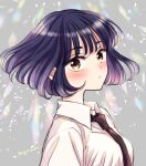  1girl bangs black_necktie blush bob_cut breasts brown_eyes closed_mouth collared_shirt commentary_request expressionless grey_background looking_at_viewer medium_breasts necktie original purple_hair school_uniform shirt short_hair signature solo sugano_manami upper_body white_shirt 