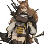  1girl absurdres animal_ear_fluff animal_ears arknights bangs belt black_coat black_dress black_thighhighs bracelet breasts brown_hair ceobe_(arknights) closed_mouth coat dog_ears dog_girl dog_tail dress dual_wielding hair_between_eyes highres holding holding_weapon infection_monitor_(arknights) jewelry kajuu large_breasts long_hair long_sleeves looking_at_viewer open_clothes open_coat puffy_long_sleeves puffy_sleeves red_eyes short_dress simple_background smile solo tail thighhighs very_long_hair weapon weapon_on_back white_background 