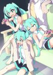  1boy 3girls absurdres aqua_eyes aqua_hair aqua_necktie bare_arms bare_legs barefoot between_legs black_skirt clone commentary controller cup game_controller grin hatsune_miku head_out_of_frame highres holding holding_another&#039;s_leg holding_controller holding_cup holding_game_controller jitome kinosuke_(pattaba) lap_pillow long_hair lying master_(vocaloid) miniskirt mug multiple_girls nail_polish necktie on_back open_mouth pleated_skirt shirt skirt sleeveless sleeveless_shirt smile tan tanlines toenail_polish toenails twintails very_long_hair vocaloid white_shirt 