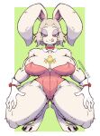  absurd_res anthro bangboodoragon big_breasts breasts bunny_costume clothing costume crouching female fur gloves hair handwear hi_res lagomorph leporid licking licking_lips looking_at_viewer mammal rabbit red_eyes short_hair simple_background solo thick_thighs tongue tongue_out white_body white_fur white_hair 