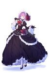  1girl arm_up bangs black_dress black_gloves blush bonnet bow breasts closed_eyes coffeekite dress fate/grand_order fate_(series) frills full_body gloves helena_blavatsky_(fate) helena_blavatsky_(tour_outfit)_(fate) highres juliet_sleeves long_sleeves open_mouth puffy_sleeves purple_hair red_bow short_hair small_breasts smile solo wide_sleeves 