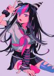  1girl arm_up arm_warmers asymmetrical_legwear bangs black_hair black_nails black_scrunchie black_skirt blue_hair blue_thighhighs commentary danganronpa_(series) danganronpa_2:_goodbye_despair ear_piercing fangs foot_out_of_frame hair_horns hand_on_ground highres jewelry long_hair looking_at_viewer menma_(enaic31) mioda_ibuki mismatched_legwear mouth_piercing multicolored_hair multiple_rings neckerchief open_mouth piercing pink_eyes pink_hair pink_neckerchief pink_thighhighs ring sailor_collar school_uniform scrunchie shirt single_arm_warmer sitting skirt solo t-shirt teeth thighhighs torn_thighhighs twitter_username w white_shirt yokozuwari 