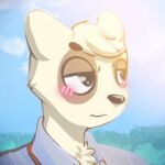  aggressive_retsuko anai_(aggretsuko) anthro badger half_body hi_res looking_away male mammal mustelid musteline office_clothing sanrio shy simple_background solo stampmats 