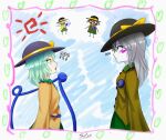  ... 2girls ? ?? blush_stickers breasts dual_persona green_eyes green_hair green_skirt grey_hair hat heart height_difference highres koishi_komeiji&#039;s_heart-throbbing_adventure komeiji_koishi long_sleeves looking_at_another looking_to_the_side multiple_girls pale_skin shirt skirt small_breasts sulus sun_symbol third_eye touhou yellow_shirt 