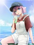  1girl baseball_cap black_headwear blue_eyes collarbone commission cup day drinking hat highres holding holding_cup jewelry looking_at_viewer necklace original outdoors overall_shorts overalls pink_hair red_shirt shirt short_hair short_sleeves sidelocks sitting skeb_commission solo unyon 