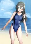  1girl beach black_hair blue_one-piece_swimsuit blue_sky breasts cloud cloudy_sky collarbone competition_school_swimsuit covered_navel cowboy_shot day glasses green_eyes hairband highres kantai_collection long_hair mikan_29344886 navel ocean one-piece_swimsuit ooyodo_(kancolle) outdoors sand school_swimsuit semi-rimless_eyewear sky small_breasts solo swimsuit under-rim_eyewear water 