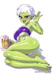  1girl alcohol artist_name ass bare_shoulders barefoot beer beer_mug blush breasts colored_skin commentary cup english_commentary fingernails from_behind full_body green_lips green_skin holding holding_cup kajin_(kajinman) large_breasts looking_at_viewer lying mug nail_polish on_side open_mouth original panties purple_eyes purple_nails short_hair simple_background solo strapless toenail_polish toenails tube_top underwear wet white_background white_hair white_panties 