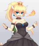  1girl bangs blonde_hair blue_eyes bowsette bracelet breasts breathing_fire brooch cleavage collar crown dress earrings fingernails fire forked_eyebrows horns jewelry large_breasts long_fingernails long_hair mario_(series) mini_crown miruki nail_polish new_super_mario_bros._u_deluxe open_mouth pointy_ears ponytail sharp_teeth smile solo spiked_bracelet spiked_collar spiked_shell spiked_tail spikes strapless strapless_dress super_crown tail teeth thick_eyebrows tsurime turtle_shell v-shaped_eyebrows very_long_hair 