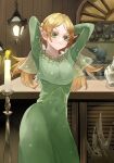  1girl absurdres arms_up blonde_hair bottle breasts candle candlestand dress elf food fruit glass green_eyes highres indoors isekai_ojisan lamp long_hair looking_at_viewer pointy_ears sama_1421598740 solo sui_(isekai_ojisan) table veil watermelon wine_bottle 