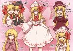  blonde_hair blue_eyes bow bowtie capelet dress dual_persona fairy fairy_wings hat hat_bow highres lily_black lily_white long_hair red_bow red_bowtie shitacemayo touhou white_capelet white_dress white_footwear white_headwear wings 