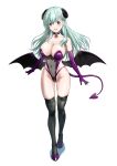  1girl alternate_costume aqua_eyes aqua_hair black_thighhighs breasts covered_navel demon_girl demon_horns demon_tail demon_wings elbow_gloves full_body gloves hair_ornament hairclip highres horns kantai_collection large_breasts leotard long_hair mikan_29344886 purple_gloves simple_background solo suzuya_(kancolle) tail thighhighs white_background wings 