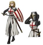  1girl absurdres armor belt blonde_hair blue_eyes chainmail closed_mouth cross full_body helmet highres holding holding_sword holding_weapon knight knights_templar medium_hair multiple_views original remora25 sheath shield simple_background standing stirrups sword weapon white_background white_tunic 