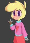  &lt;3 alpaca anthro blush bottomwear camelid clothing cloven_hooves female hi_res hitsuji hooves looking_at_viewer mammal paprika_paca_(tfh) purple_eyes simple_background skirt solo sweater them&#039;s_fightin&#039;_herds topwear young 