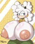  anthro areola bell big_breasts blue_eyes bottomwear bovid breasts caprine clothed clothing collar female hair half-closed_eyes horn huge_breasts hyper hyper_breasts idw_publishing lanolin_(sonic_the_hedgehog) mammal mrxrickyx narrowed_eyes nipples pants pink_areola pink_nipples sega sheep solo sonic_the_hedgehog_(comics) sonic_the_hedgehog_(idw) sonic_the_hedgehog_(series) topless white_body white_hair 