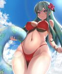  1girl bangs bikini blue_eyes blue_sky blush breasts cameltoe closed_mouth cloud commentary_request commission day dyne_gallon eirika_(fire_emblem) fire_emblem fire_emblem:_the_sacred_stones fire_emblem_heroes flower green_hair hair_flower hair_ornament hibiscus highres holding holding_innertube innertube long_hair looking_at_viewer medium_breasts navel outdoors red_bikini skeb_commission sky smile solo standing stomach swimsuit thighs very_long_hair wide_hips 