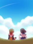  2girls ahoge anmitsu_(magenta) arms_behind_back black_hair black_sleeves black_thighhighs blue_sailor_collar blue_skirt blue_sky brown_hair clothes_around_waist cloud cloudy_sky facing_away from_behind grass indian_style jacket jacket_around_waist kamihama_university_affiliated_school_uniform layered_sleeves long_sleeves magia_record:_mahou_shoujo_madoka_magica_gaiden mahou_shoujo_madoka_magica medium_hair minaminagi_liberty_academy_school_uniform multiple_girls natsu_ryouko on_grass orange_jacket outdoors plaid plaid_skirt pleated_skirt red_sailor_collar red_skirt sailor_collar sailor_shirt school_uniform serafuku shirt short_hair short_over_long_sleeves short_sleeves sitting skirt sky suzuka_sakuya thighhighs white_shirt wind 