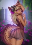  adorableinall anthro blonde_hair brown_body brown_fur butt canid canine canis clothed clothing flower fur girly hair hi_res leotard long_hair looking_at_viewer male mammal plant purple_eyes rose_(flower) smile solo zera_(zerarick) 
