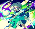  1girl :d black_bow black_hairband blue_eyes bob_cut bow doggo_1d34 flower ghost ghost_tail green_skirt green_vest hairband highres hitodama holding holding_sword holding_weapon katana konpaku_youmu konpaku_youmu_(ghost) lightning open_mouth pink_flower scabbard sheath shirt short_hair short_sleeves signature skirt smile solo sword touhou vest wakizashi weapon white_hair white_shirt 