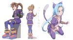 2girls :d animal_ears blue_hair brown_hair cat_ears cat_tail eyewear_on_head full_body gloves green_eyes highres kaien_advance long_hair looking_at_viewer low_twintails meracle_chamlotte multiple_girls navel o-ring open_mouth pantyhose ponytail precis_neumann simple_background skirt smile star_ocean star_ocean_the_last_hope star_ocean_the_second_story tail thighhighs torn_clothes twintails white_background 